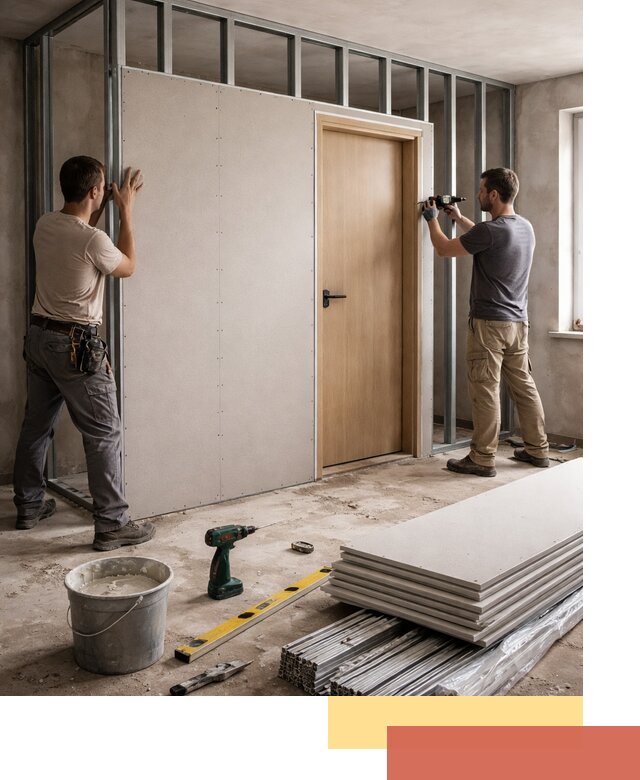 Перегородка из гипсокартона с дверью под ключ в Королев