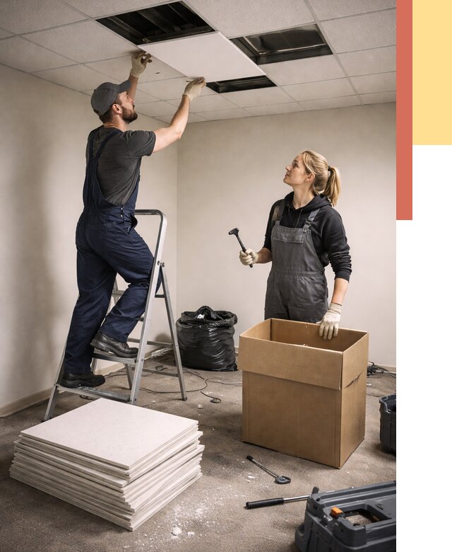 Демонтаж потолочной плитки в Королев от 4679 руб. быстро и недорого | ОТДЕЛОЧНИК-Кор