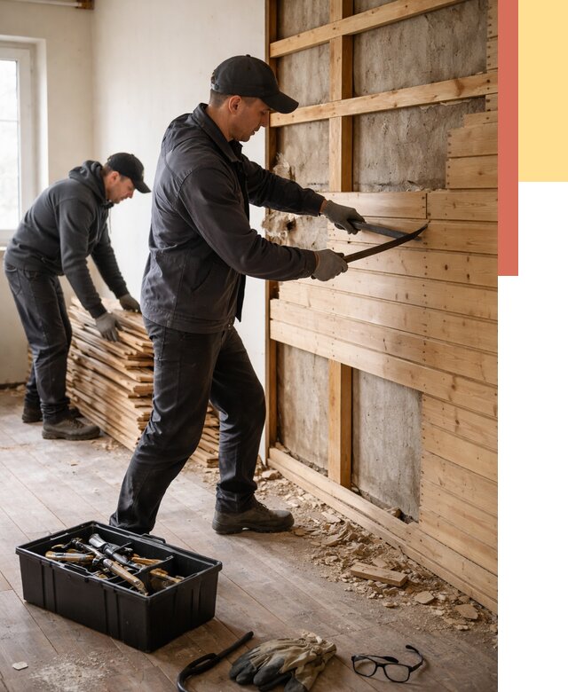 Демонтаж вагонки в Королев от 3951 руб/м2 — быстро и недорого | ОТДЕЛОЧНИК-Кор