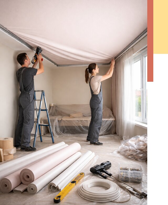 Монтаж цветного натяжного потолка в Королев от 4367 руб/м² — быстро и недорого | ОТДЕЛОЧНИК-Кор