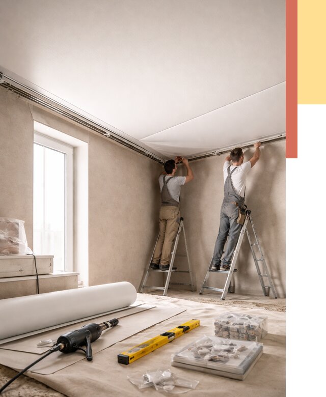 Монтаж натяжного потолка в спальне в Королев от 3951 руб. под ключ | ОТДЕЛОЧНИК-Кор