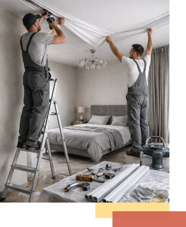 Монтаж натяжного потолка в спальне в Королев