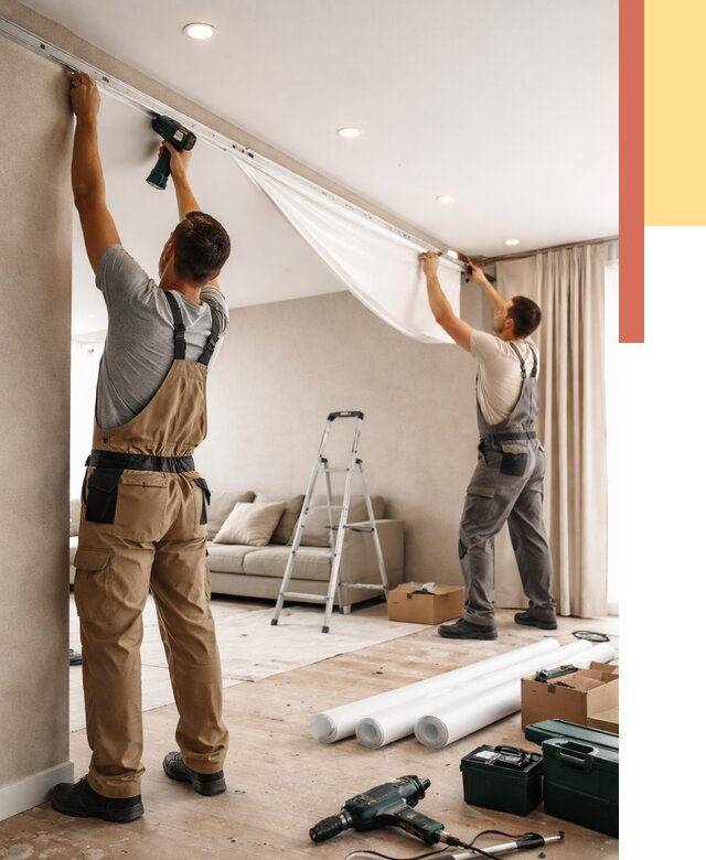 Монтаж натяжного потолка в гостиной в Королев от 572 руб. | ОТДЕЛОЧНИК-Кор