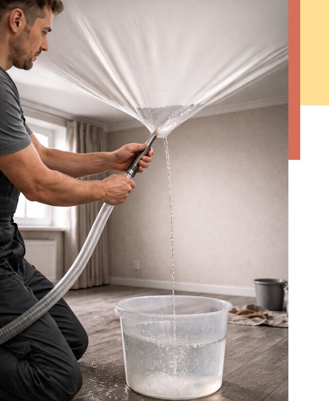 Слив воды с натяжного потолка в Королев от 2599 руб. быстро и недорого | ОТДЕЛОЧНИК-Кор