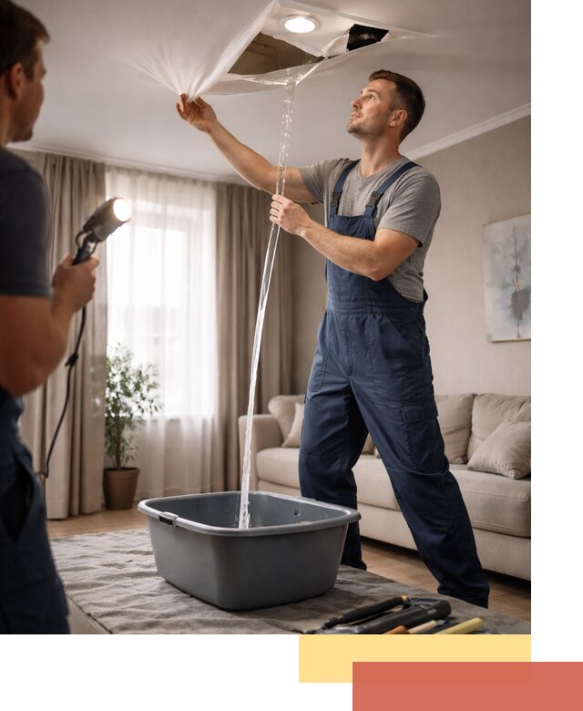 Слив воды с натяжного потолка в Королев быстро и аккуратно